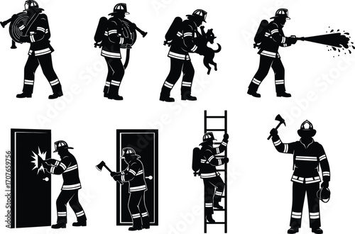 Firefighter Silhouettes Vector Set, Rescue Actions, Firefighting Gear, Emergency Response, Breaking Door, Climbing Ladder, Holding Dog, Water Hose Spray