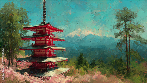 Vector illustration of Chureito pagoda, in impasto style