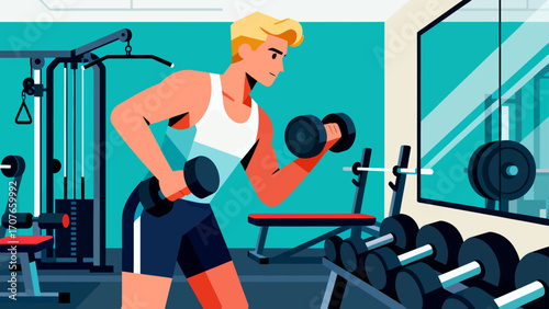 Working out with dumbbells in the gym, hand-drawn vector illustrations