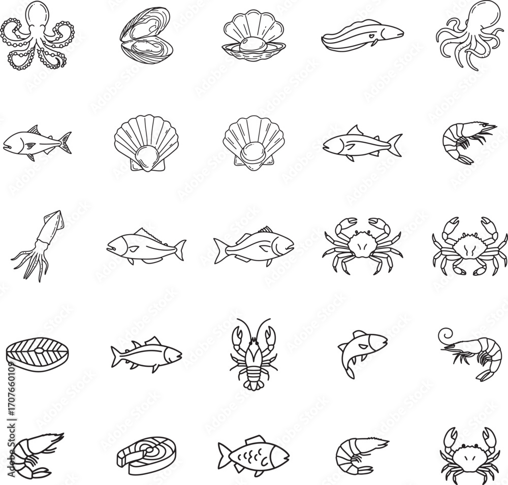 Obraz premium Seafood and Marine Life Restaurant Line Icon Set 