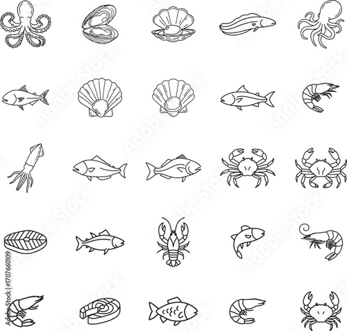 Seafood and Marine Life Restaurant Line Icon Set
