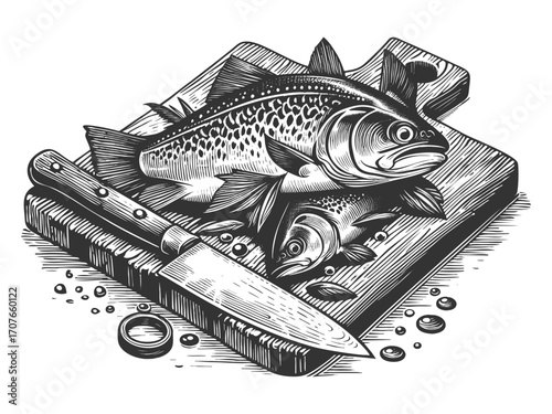 fresh fish placed on a cutting board with a kitchen knife, symbolizing cooking preparation sketch engraving generative ai vector illustration. Scratch board imitation. Black and white image.
