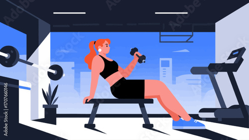 Working out with dumbbells in the gym, hand-drawn vector illustrations