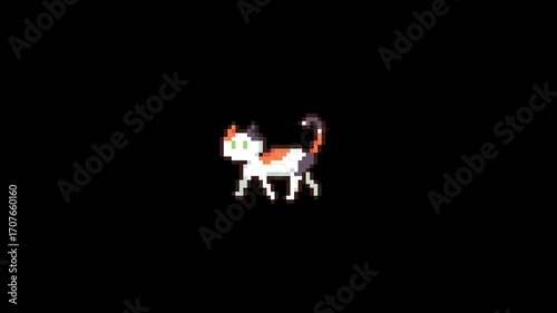 ドット絵の猫が歩くアニメーション,透過背景,三毛猫