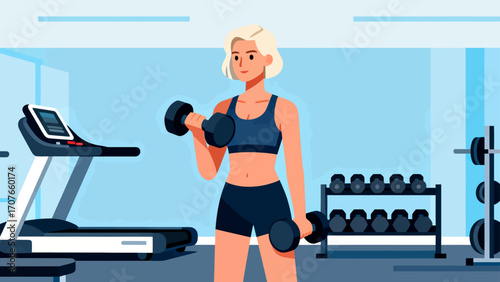 Working out with dumbbells in the gym, hand-drawn vector illustrations