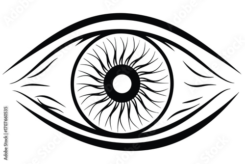eye illustration shows detail line work surrounding the eyeball in a striking monochrome image
