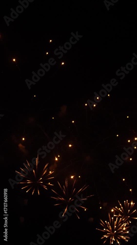 Colorful fireworks burst in the black night sky, creating a stunning display during a festive celebration. Joyful crowds gather to celebrate the holiday spirit and enjoy the magic of the moment.