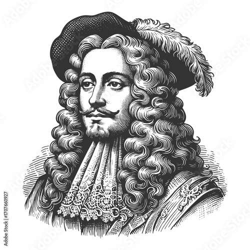aristocratic man with long curly hair, lace collar, and elegant clothing from historical era sketch engraving generative ai fictional character vector illustration. Scratch board. Black and white.