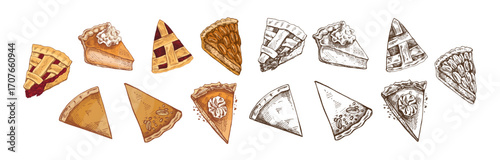 Hand drawn vintage sketch set of assorted sweet pie slices with lattice crust nuts cream topping color and monochrome