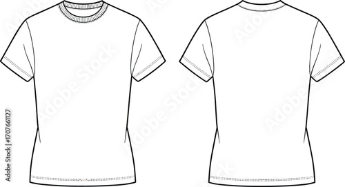 Fitted women’s crew neck t-shirt template front and back, fashion flat sketch, female tee mockup, apparel vector design outline
