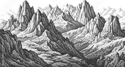 Echoes of the peaks. Vintage illustration of snowy range of hills, mounted landscape. Retro halftone vector sketch. EPS version.