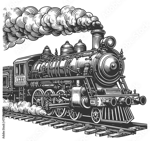classic steam locomotive pulling passenger cars, with thick smoke rising above the engine sketch engraving generative ai vector illustration. Scratch board imitation. Black and white image.
