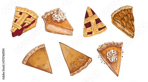 Hand drawn vintage sketch set of assorted pie slices with lattice crust cream nut and simple baked decoration