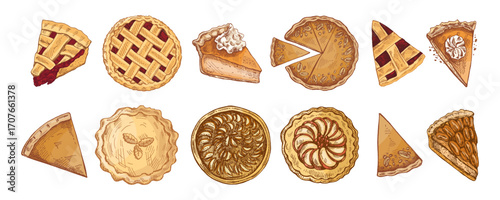 Hand drawn vintage sketch set of assorted pies and pie slices with lattice crust cream nut and fruit decoration