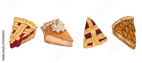 Hand drawn vintage sketch set of pie slices with cherry lattice pumpkin cream nut and traditional baked crust