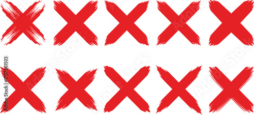 Collection of red brushstroke x marks various styles on transparent background