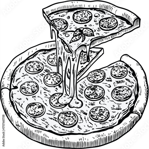 Freshly baked pizza slice with melted cheese is lifted from the whole pie