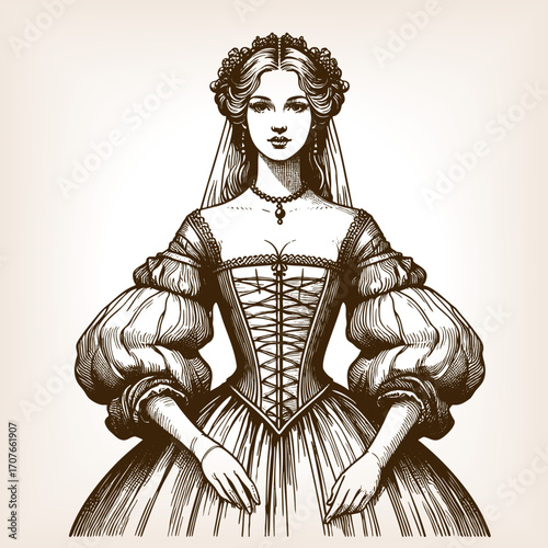 woman wearing a historical gown with puffed sleeves, corset bodice, jewelry, elegant hairstyle sketch engraving generative ai fictional character vector illustration. Scratch board. Black and white.