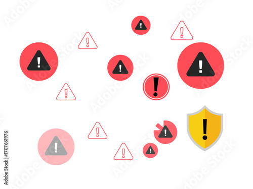 vector illustration of a warning sign. warning email icons, representing email threat, phishing attack, malware, data breach, cybersecurity alert, scam message, spam risk, and online fraud protection.