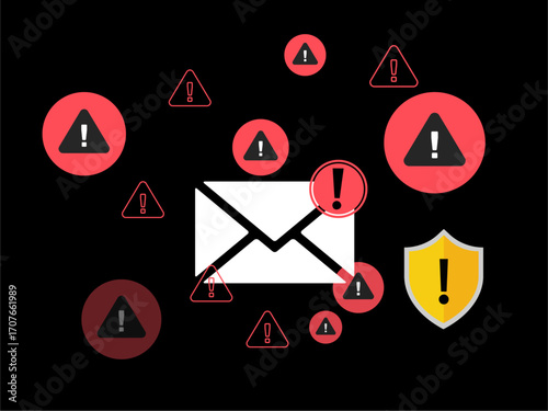 warning triangle sign, warning email icons, representing email threat, phishing attack, malware, data breach, cybersecurity alert, scam message, spam risk, and online fraud protection. - 1