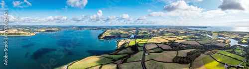 Photography Farms and Fields over St Mawes from drone, Carrick Roads, River Fal, Falmouth, C