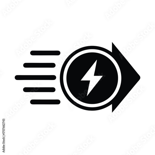 High velocity lightning symbol points right within a circular arrow for energy transfer