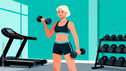 Working out with dumbbells in the gym, hand-drawn vector illustrations