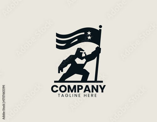 Gorilla with flag illustrated as bold mascot vector logo in minimal strong powerful heroic design style