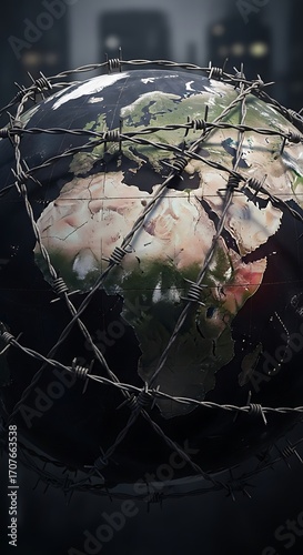 A globe, encased in barbed wire, depicts a world trapped by conflict.