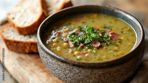 Hearty ditch pea soup with smoked sausage rye bread and bacon
