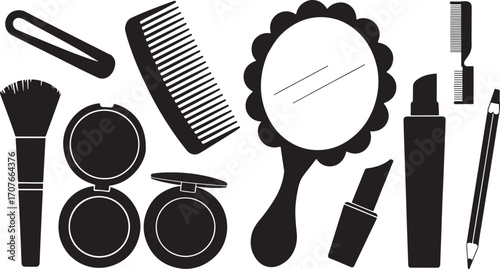 Elegant black silhouette icons of makeup and haircare tools including brush, comb, mirror, and cosmetics, perfect for beauty designs.