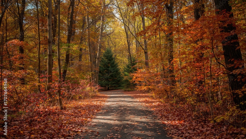 Obraz premium A sun-drenched forest path winds through a vibrant autumn landscape, ablaze with fiery reds, oranges, and golds.