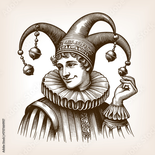 court jester wearing a traditional hat with bells, ornate clothing, and ruffled collar sketch engraving generative ai fictional character vector illustration. Scratch board. Black and white image.