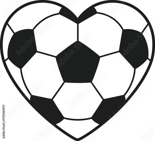 A black and white graphic illustration of a soccer ball enclosed within a heart-shaped outline, symbolizing love for the sport of football. Football ilustration