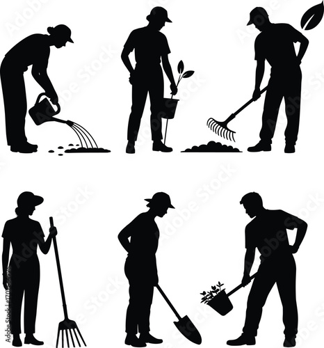 Gardening people silhouettes vector collection, farming activity, planting and watering plants, farmers using tools, outdoor garden work illustration