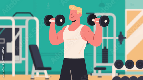 Working out with dumbbells in the gym, hand-drawn vector illustrations