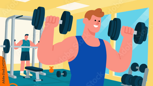 Working out with dumbbells in the gym, hand-drawn vector illustrations