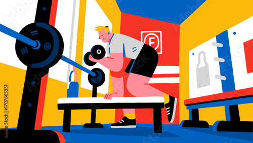 Working out with dumbbells in the gym, hand-drawn vector illustrations