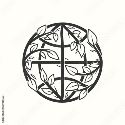 Leaves entwine around a geometric sphere forming a nature inspired logo element