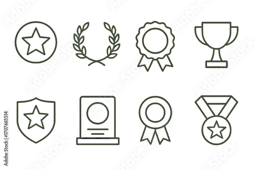 Achievement icons: star, laurel, badge, trophy, shield, plaque, medal