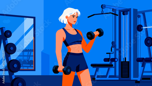 Working out with dumbbells in the gym, hand-drawn vector illustrations
