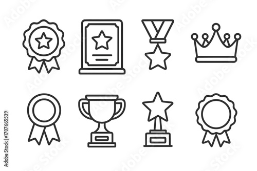 Icon set: awards, medals, trophies, and crowns for achievements