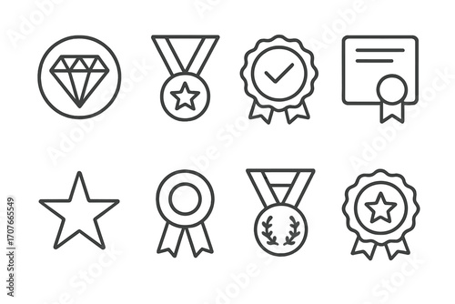 Set of 8 outline icons: medals, badges, diamond, star, certificates for achievement and recognition