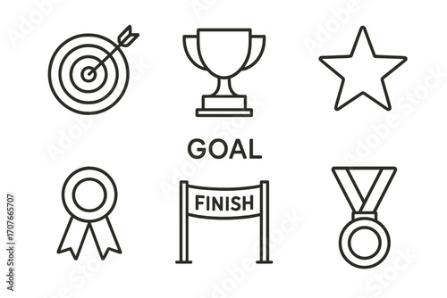 Goal achievement icons: trophy, target, medal, ribbon, star, finish line