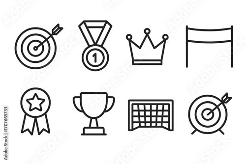 Line icons of awards: target, medal, crown, ribbon, trophy, goalpost