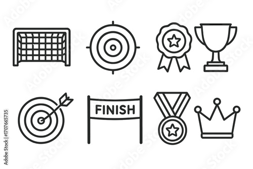 Sports icons: goal, target, trophy, medal, finish line, crown