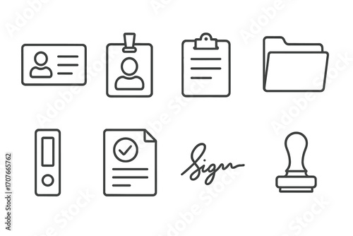 Set of office icons: id card, clipboard, file folder, document, signature, stamp