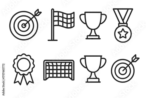 Icon set featuring trophies, targets, medals, and sporting equipment