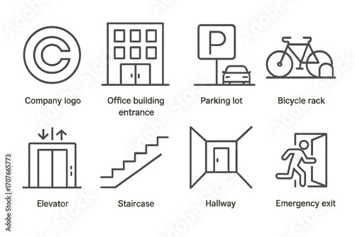 Office icons: company logo, building entrance, parking, bicycle rack, elevator, staircase, hallway, exit