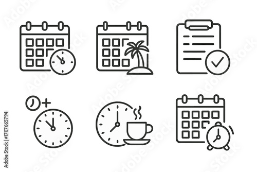 Event and time management icons including calendars clocks checklists and coffee
